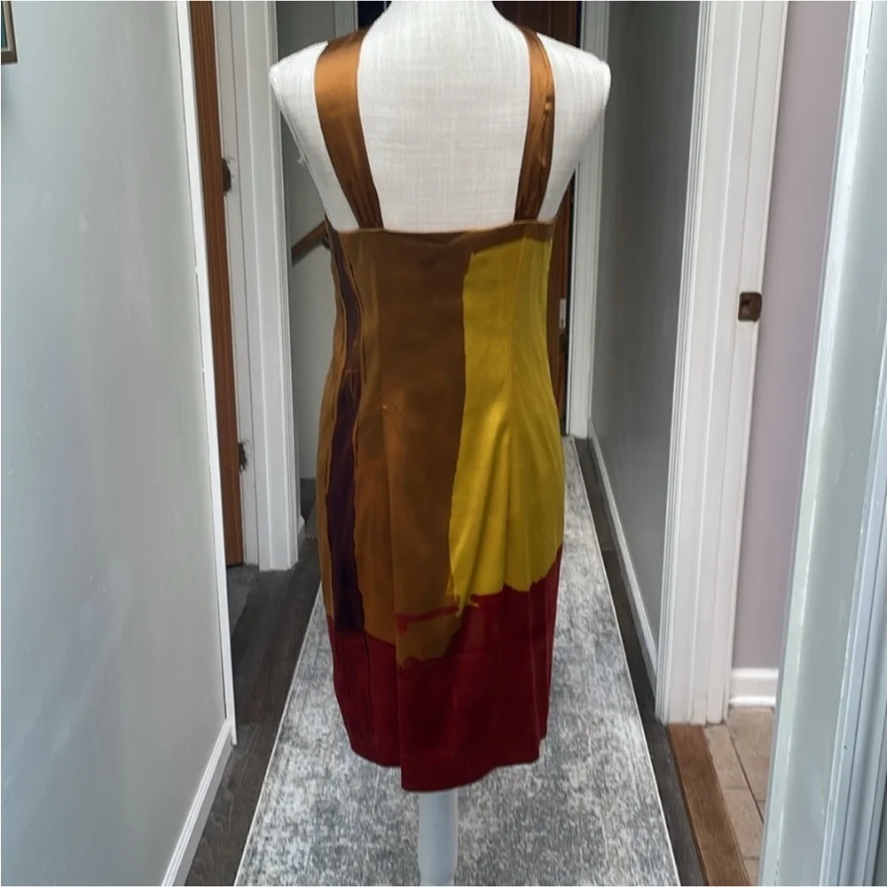 Vince Colorblock Gold, Scarlet Red and Copper Classy Cross Neck Silk Dress Small - Picture 7 of 7
